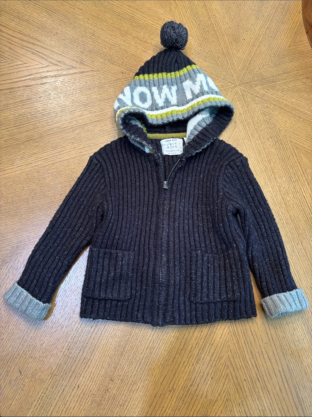 Zara baby knit wear Black Ribbed Hooded Zip Jacket with Gray and Yellow Trim